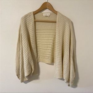 Anthropologie Bubble Dolman Sleeve Pointelle Knit Slouchy Crop Cardigan Ivory-OS